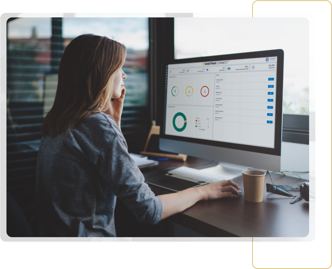 Woman at computer with graphs on the screen